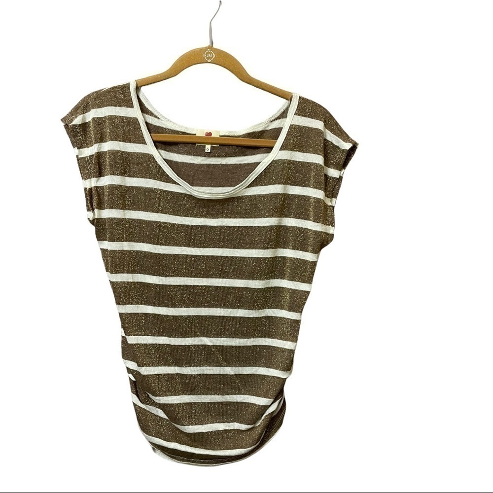 Holiday party Sheer knit Metallic tan Cream Stripe Cap Sleeve Ruched Sides top S